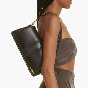 Jacquemus Black Leather Shoulder Bag with Gold Logo